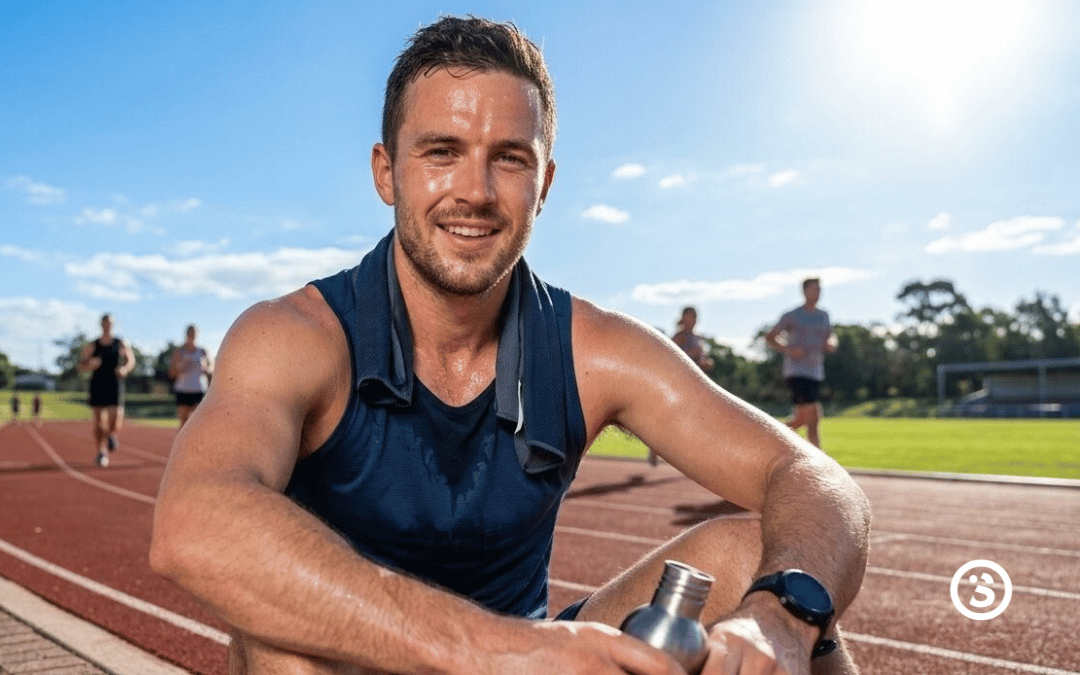 Sweaty runner outside under the sun oily skin