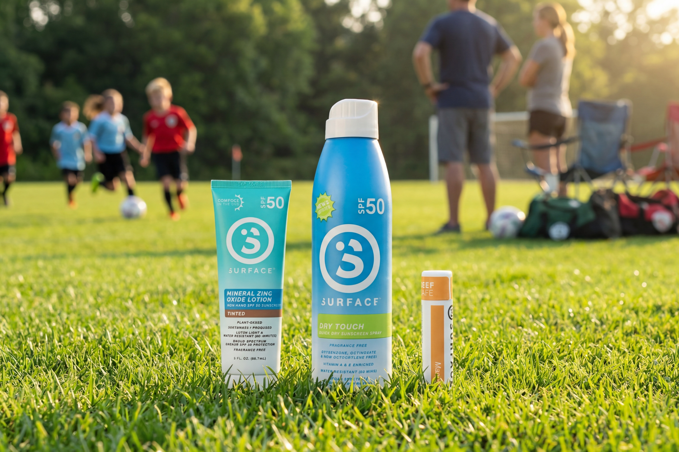 Kids playing soccer with Surface Sunscreen