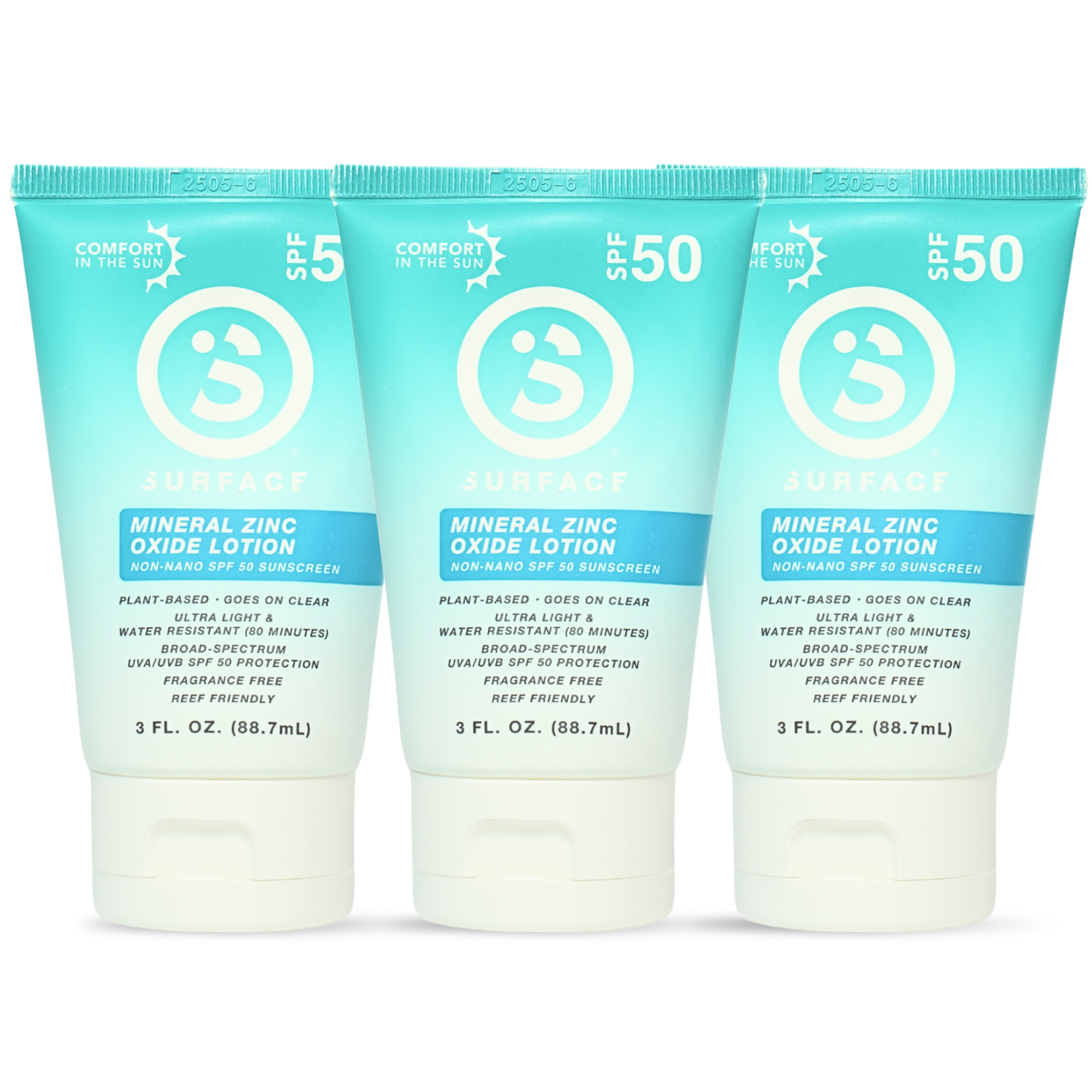Three tubes of mineral zinc oxide lotion with SPF 50 on a white background