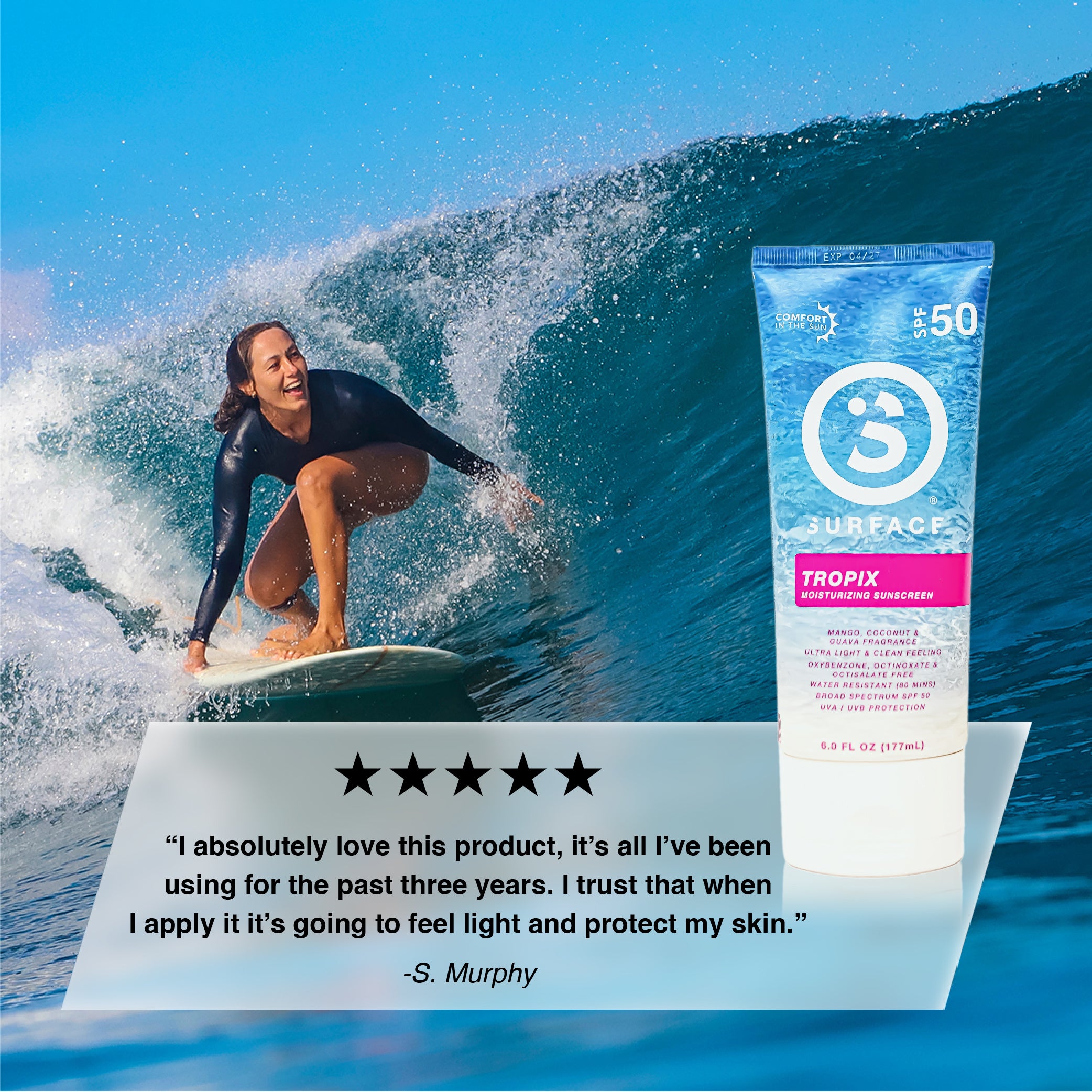 Person surfing with a bottle of surface sunscreen and a five-star review on a blue wave background