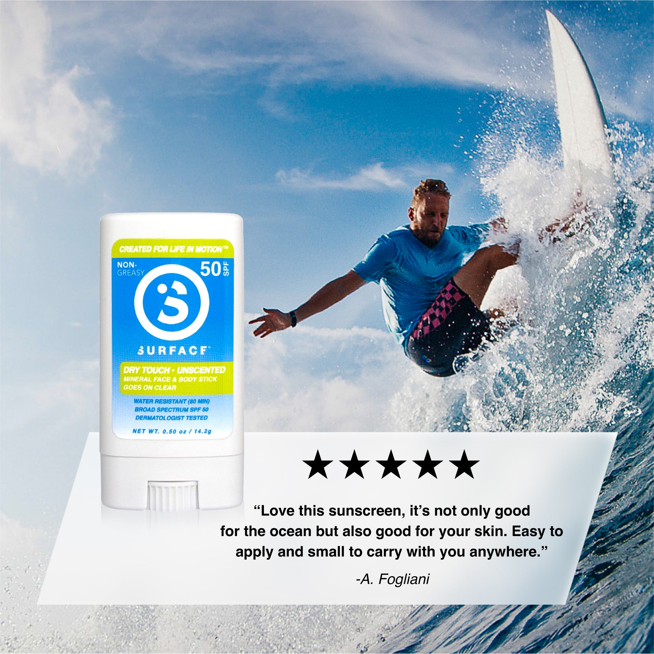 Surfacing sunscreen stick with a surfer in the background and a five-star rating.