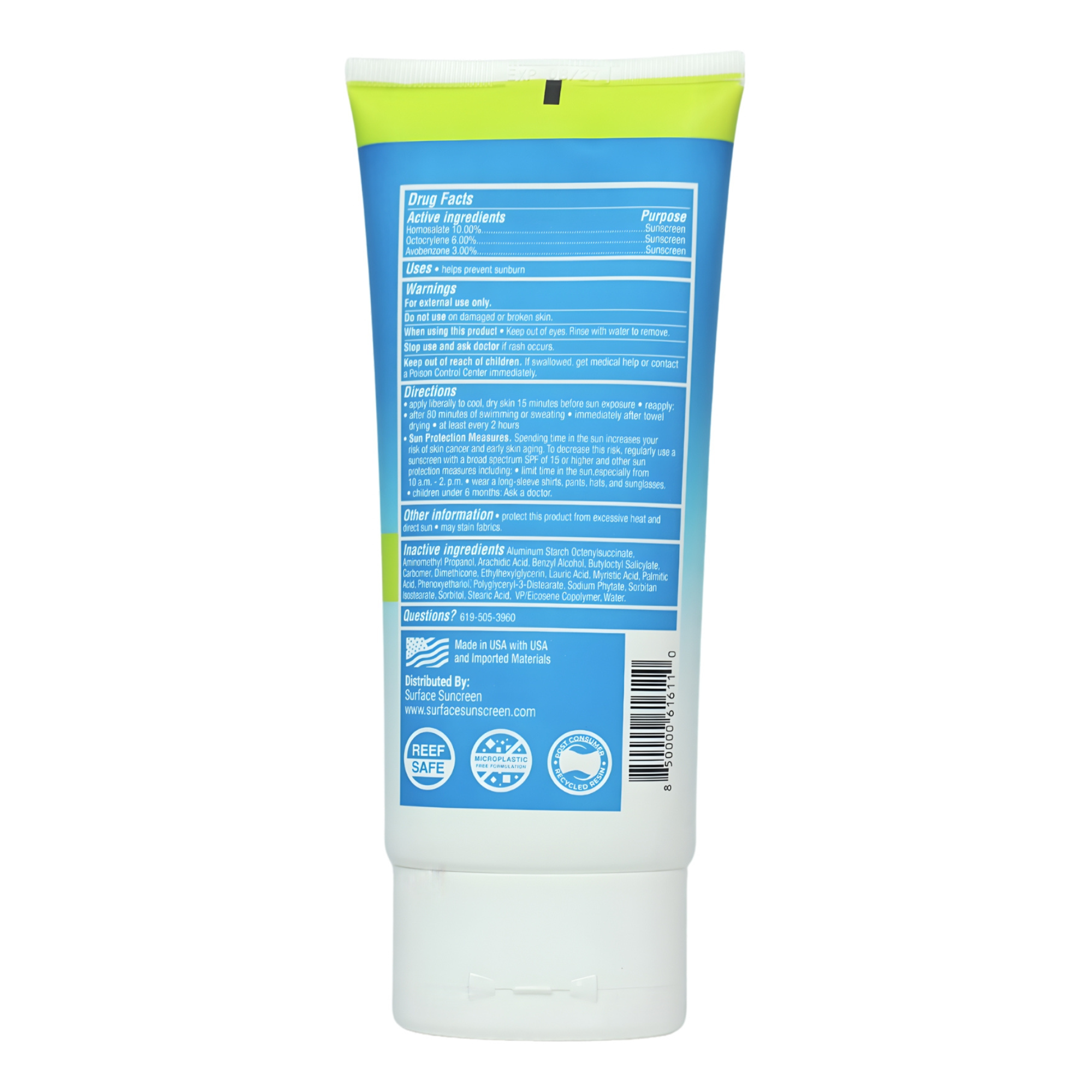 Surface Sunscreen lotion Dry touch SPF 30 6 oz back label