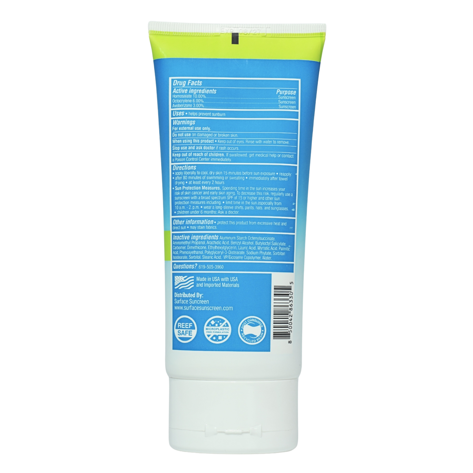 Surface Sunscreen Dry touch lotion SPF 50 6 oz BACK