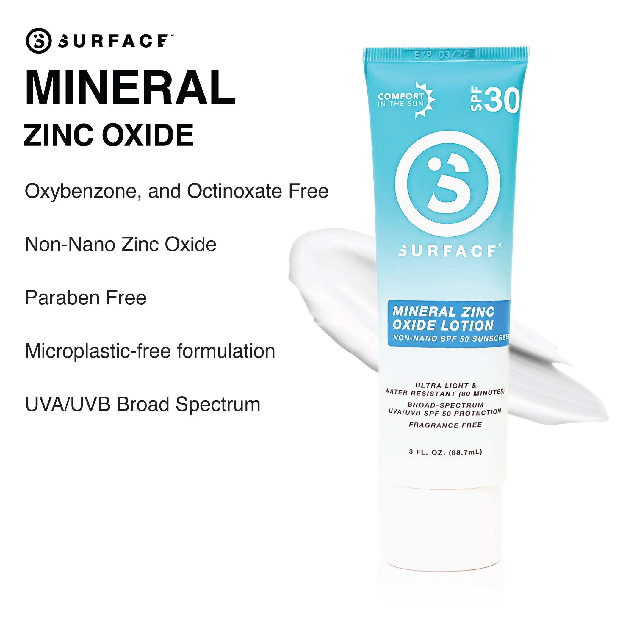 Mineral Zinc Oxide
oxybenzone and octinoxate free
Non-nano zine oxide
paraben free
micro-plastic free formulation
uva/uvb broad spectrum