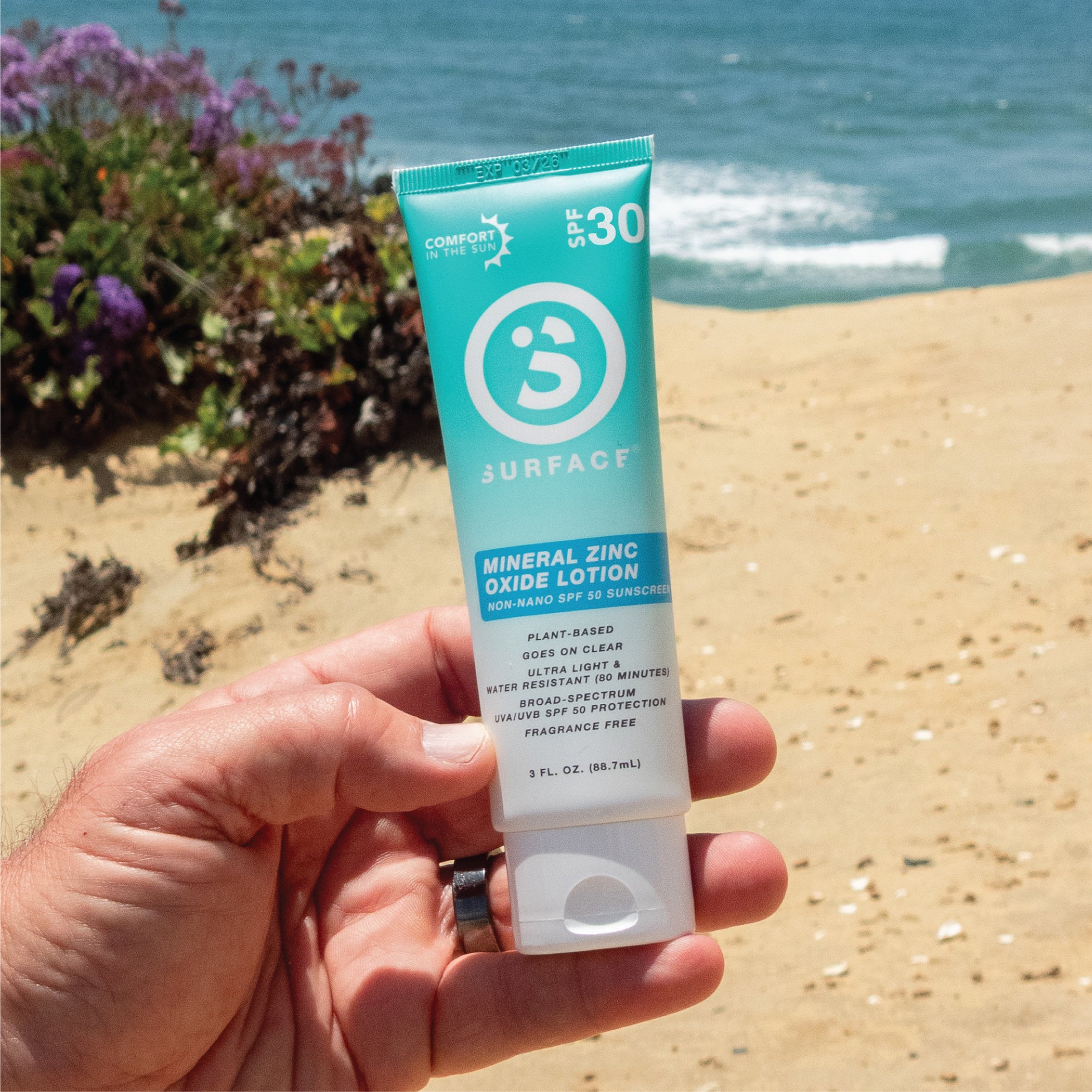 Surface SPF30 Mineral Sunscreen Lotion 3oz. - White at the beach