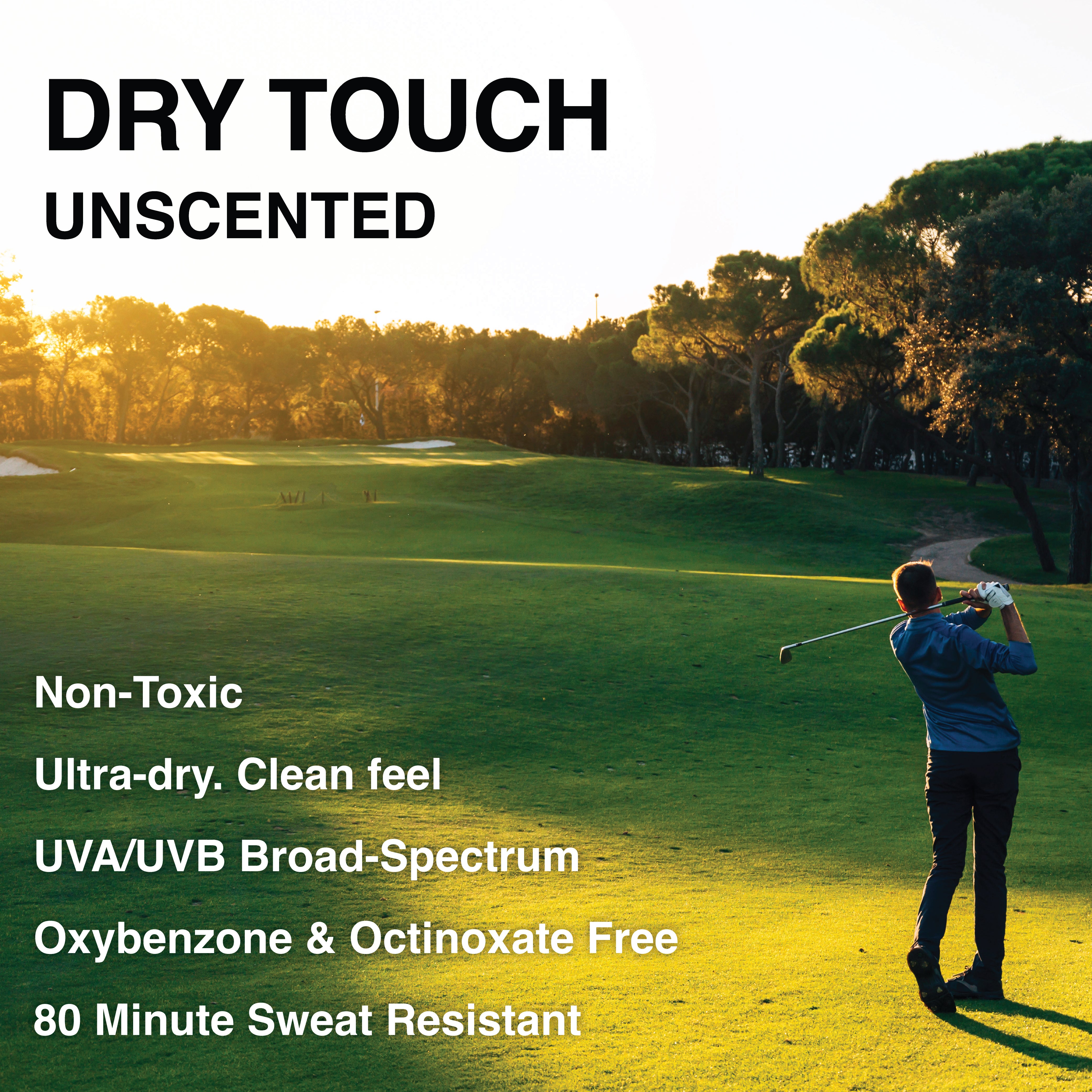 SPF30 Dry Touch Sunscreen Lotion 3oz. - Benfits - Man playing golf at golden hour