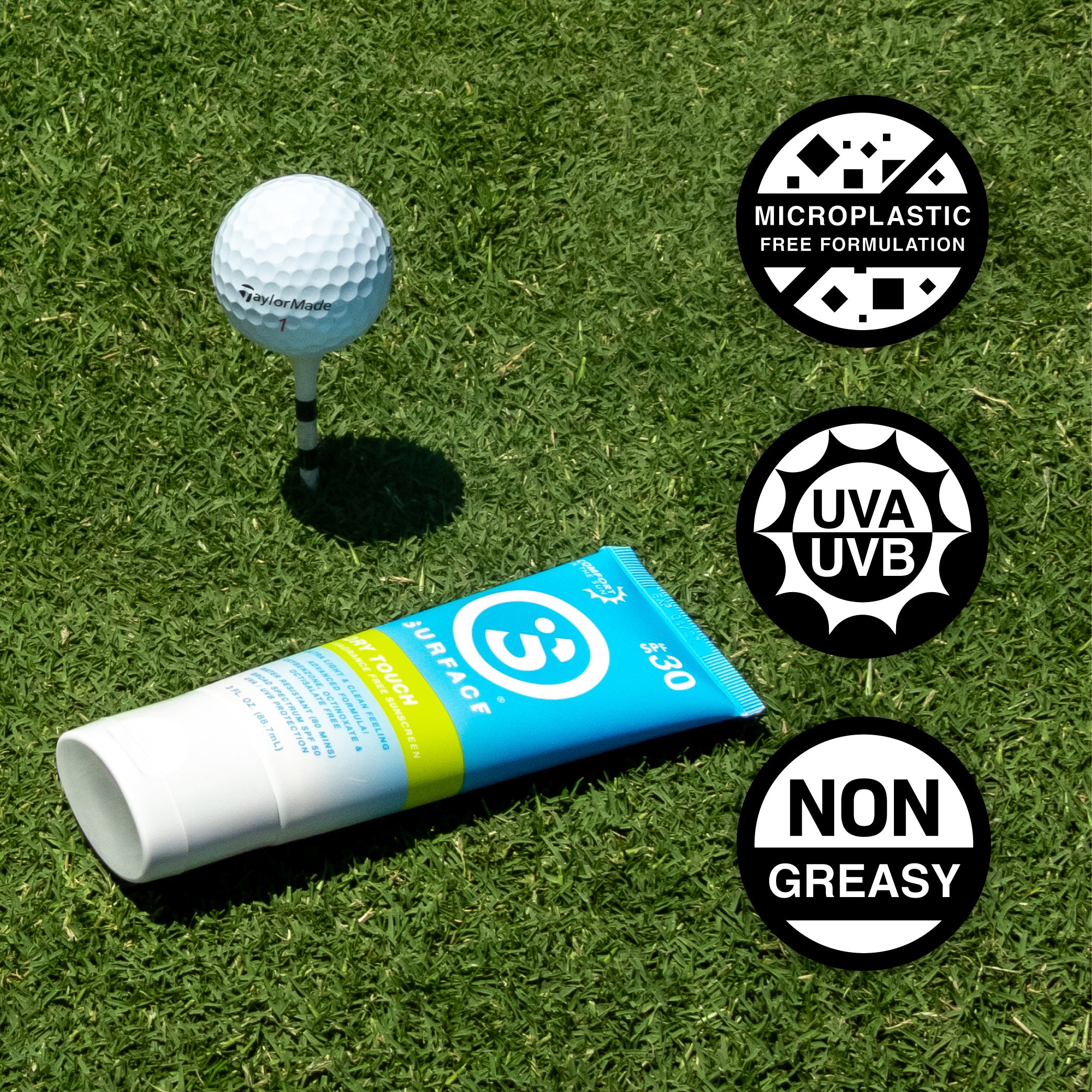 SPF30 Dry Touch Sunscreen Lotion 3oz. with golf ball on tee
Microplastic free formulation
UVA UVB
Non greasy