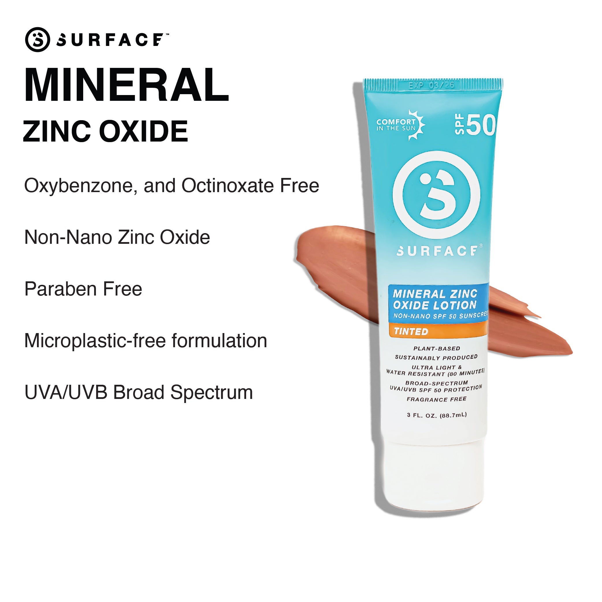 Surface Mineral Zinc Oxide Benefits | SPF50 Mineral Sunscreen Lotion 3oz. - Tinted