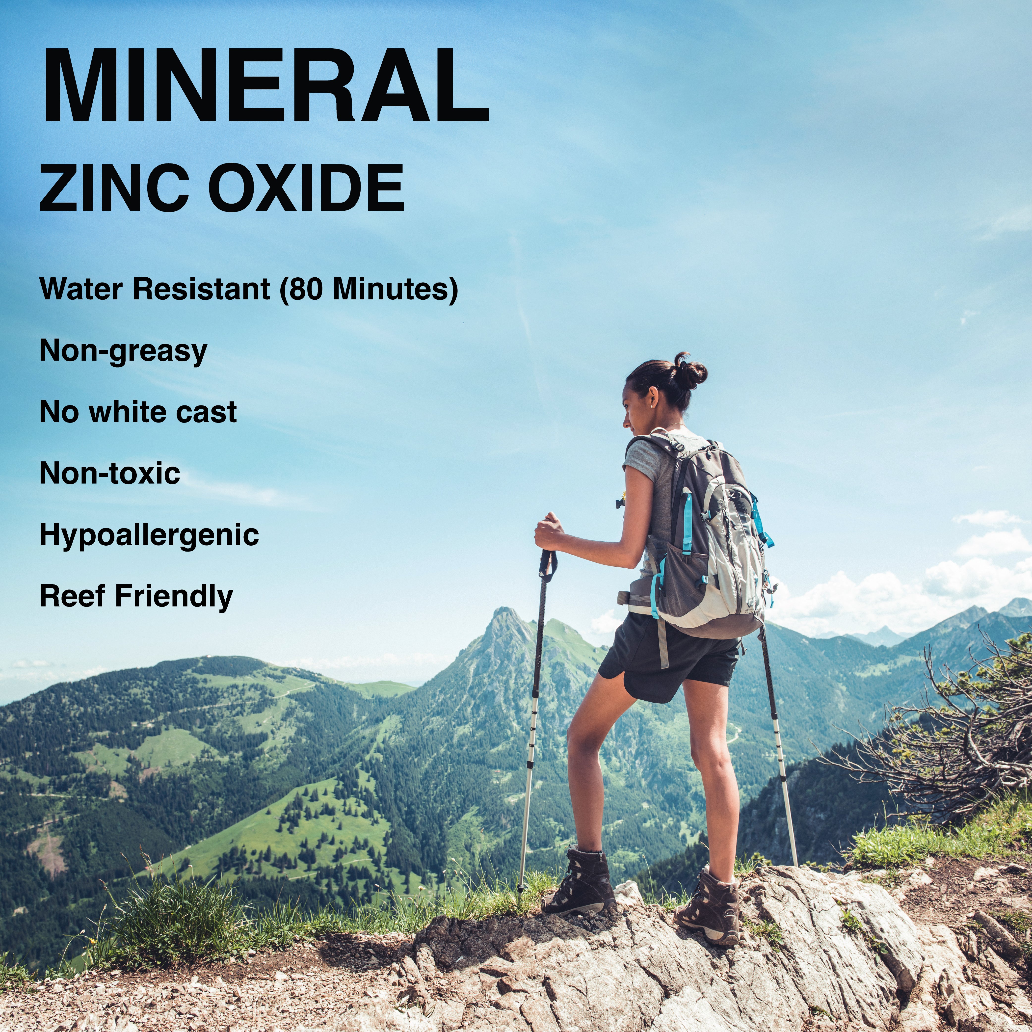 Person hiking with backpack and poles on a mountain top, with text about Surface Sunscreen mineral zinc oxide properties