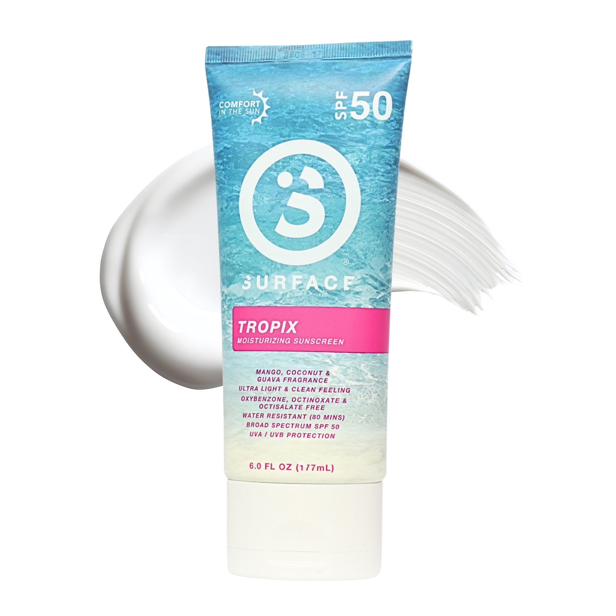 Surface Sunscreen Tropix Lotion 50spf 6oz Front Label with Swipe