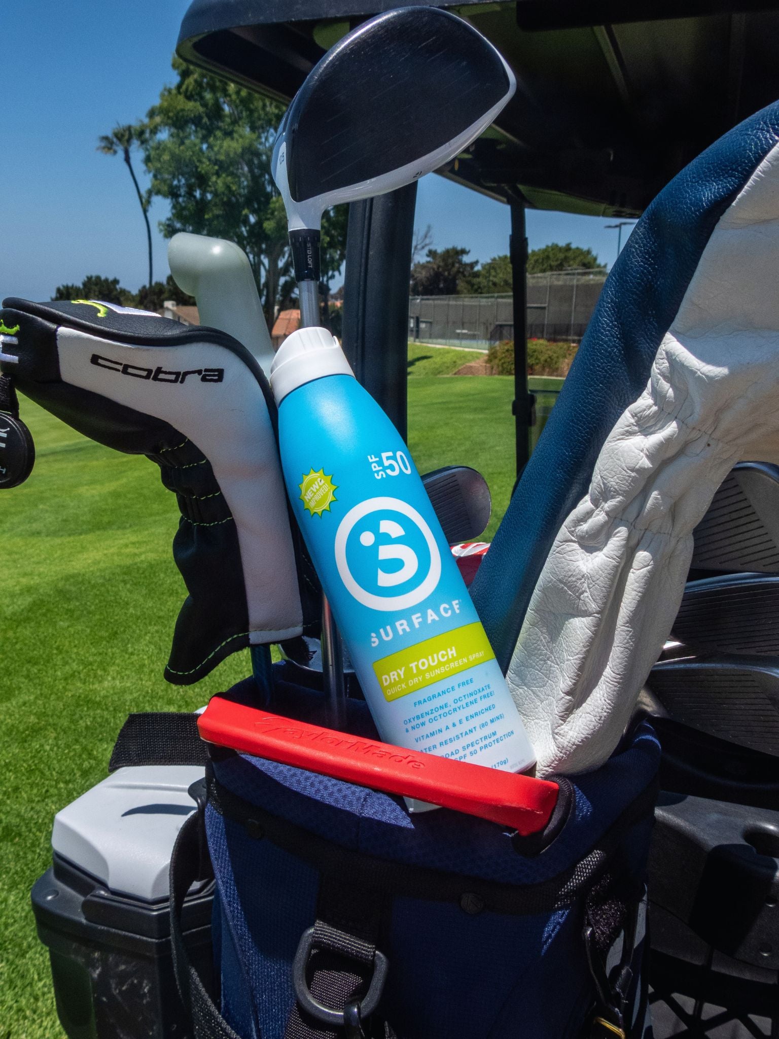 surface sunscreen spray dry touch SPF 50 in golf bag