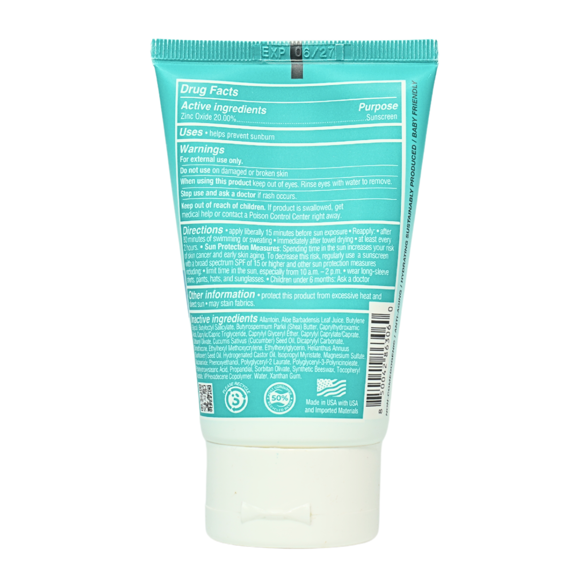 mineral zinc Dries CLEAR Lotion 50 SPF 3 oz Back Label