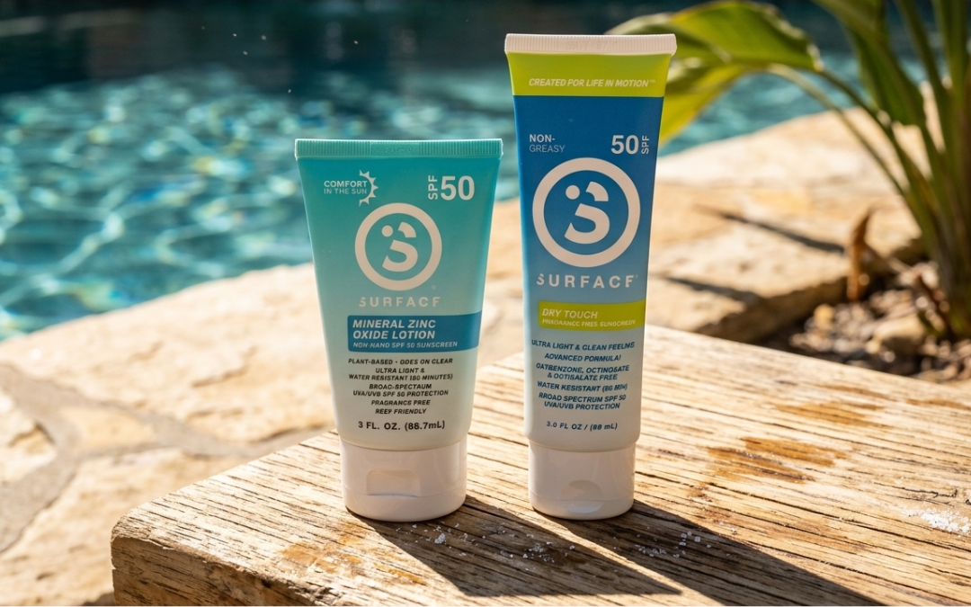 Surface Sunscreen mineral lotion and dry touch lotion by the pool