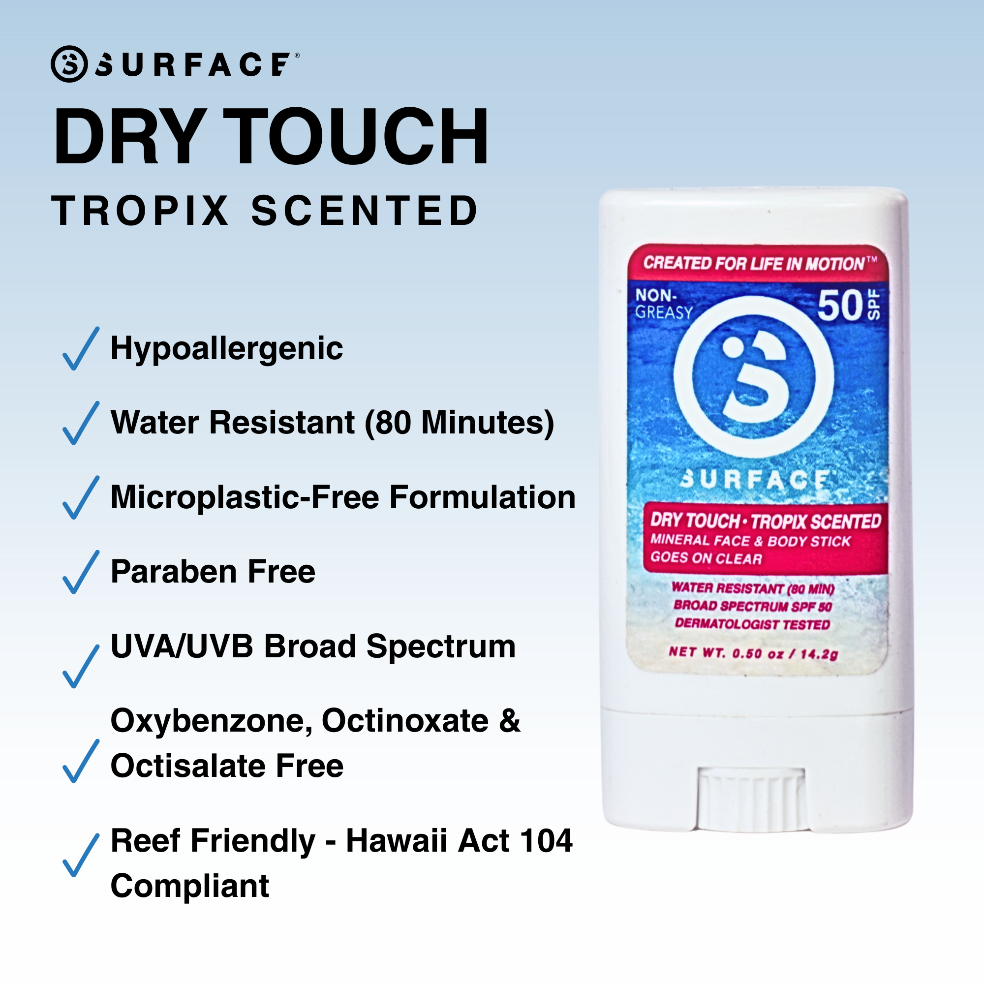 Surface Sunscreen Tropix scented dry touch face stick SPF 50 