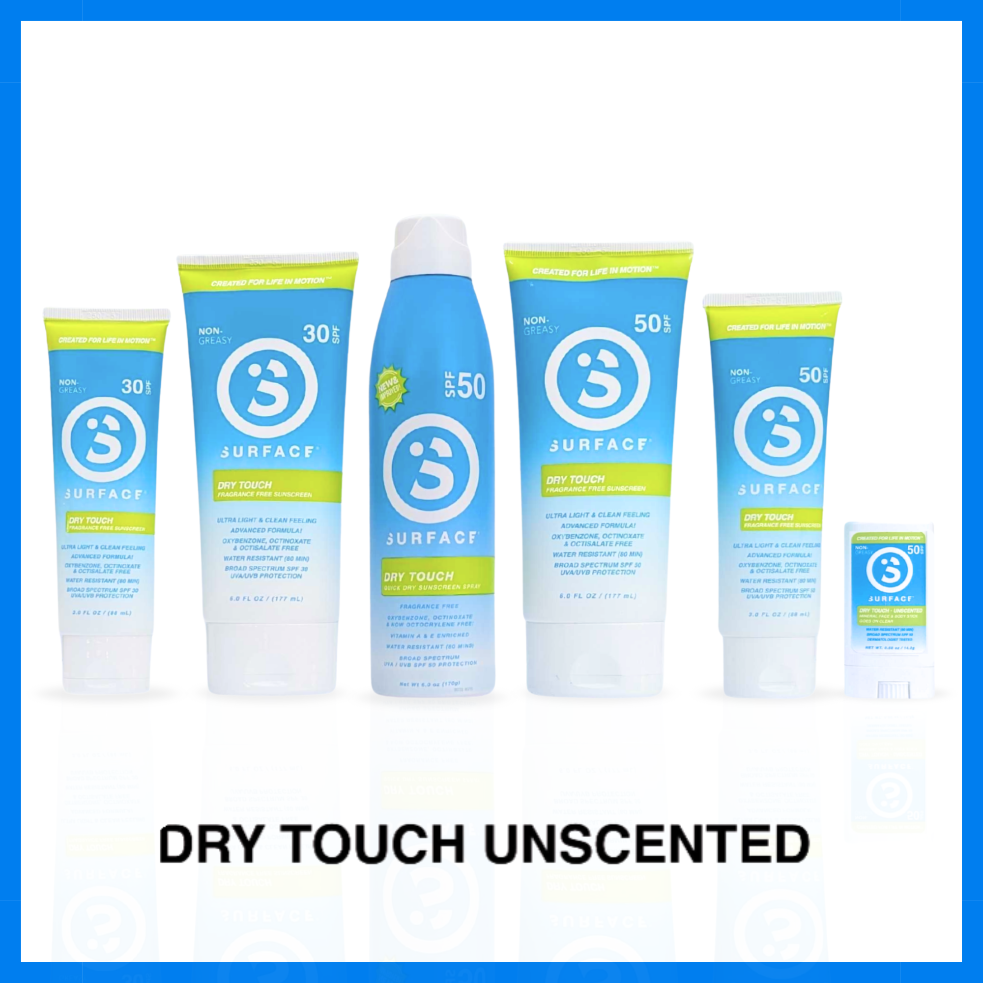 Collection of Surface dry touch unscented sunscreen products on a white background
