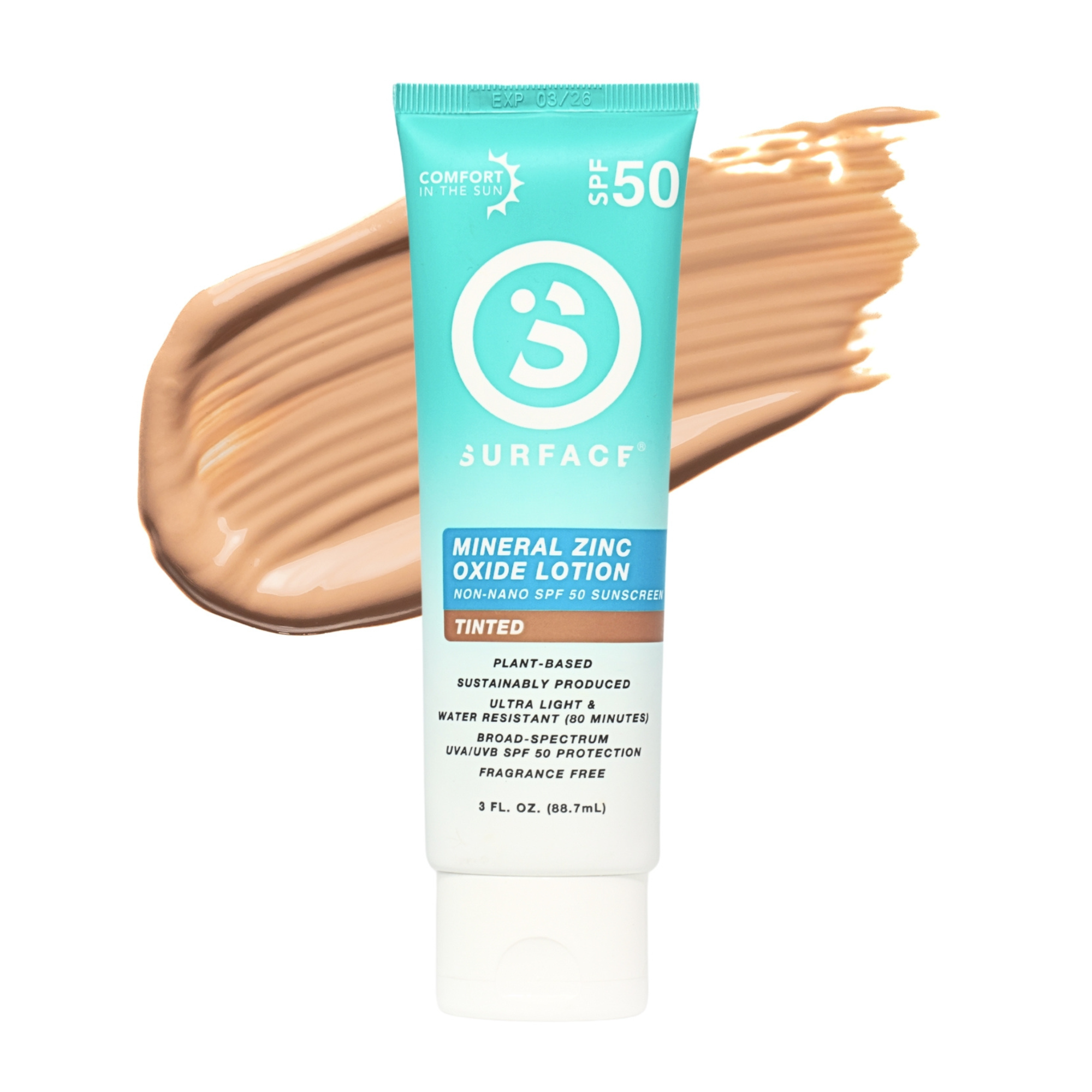 Surface Sunscreen Mineral Zinc TINTED Lotion SPF 50 3oz FRONT with swipe